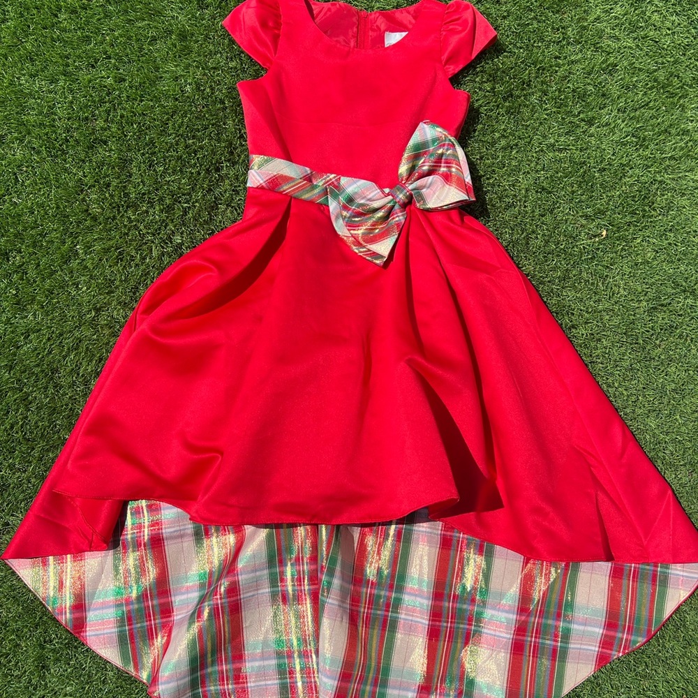 Festive Red Holiday Dress with Plaid Bow
